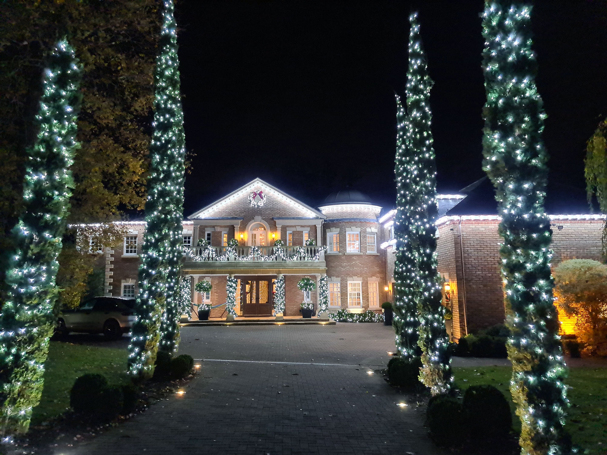 Ice white lights decorate this home on The Crown Estate.