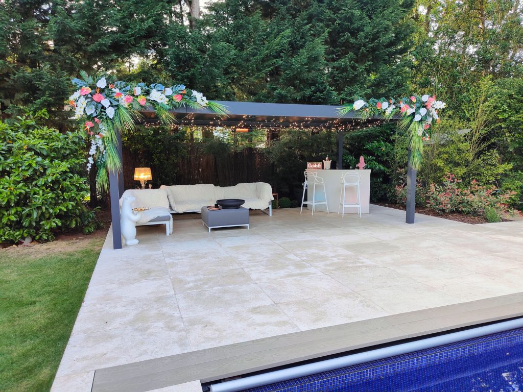 Poolside party theming with garden florals.