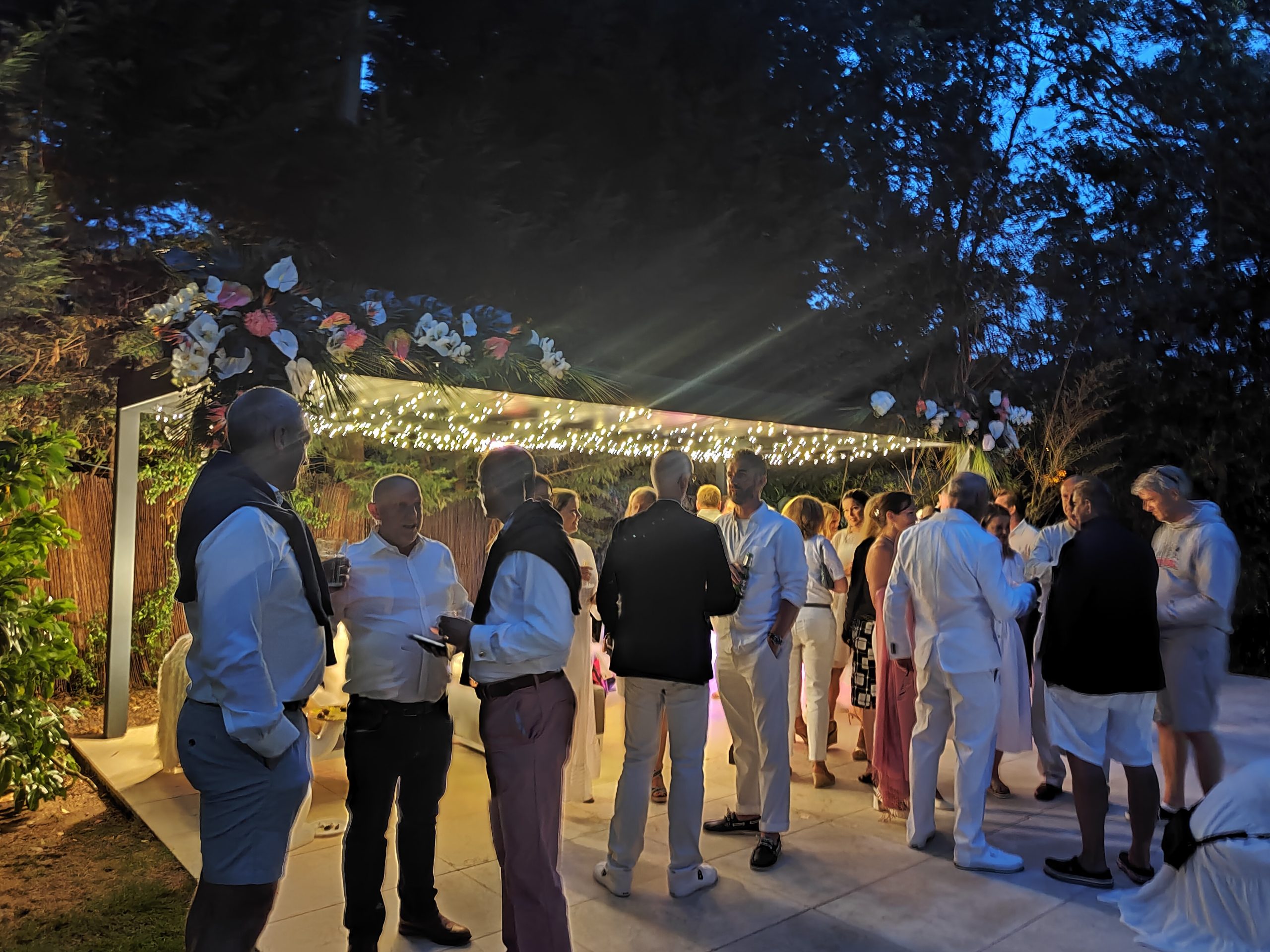 Guests gathering at a summer party in the evening.