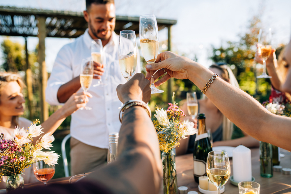 Group of young people toasting at a summer party celebration.